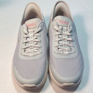 Skechers Women's Light Gray and Pink Go Walk Flex Slip On Sneakers